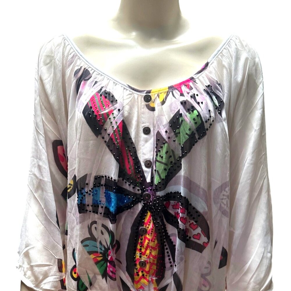 Crimson Ivy Off Shoulder Blouse Flower Print Rhinestone Accents Sz S Multicolor